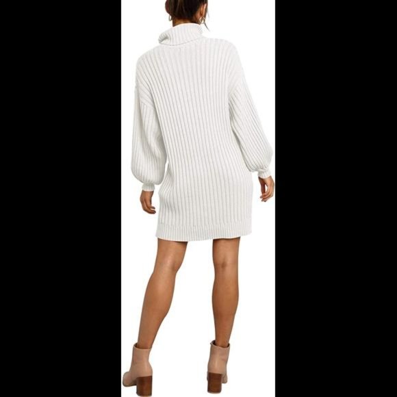 Women Turtleneck Long Lantern Sleeve Casual Loose Oversized Sweater Dress - Picture 6 of 6